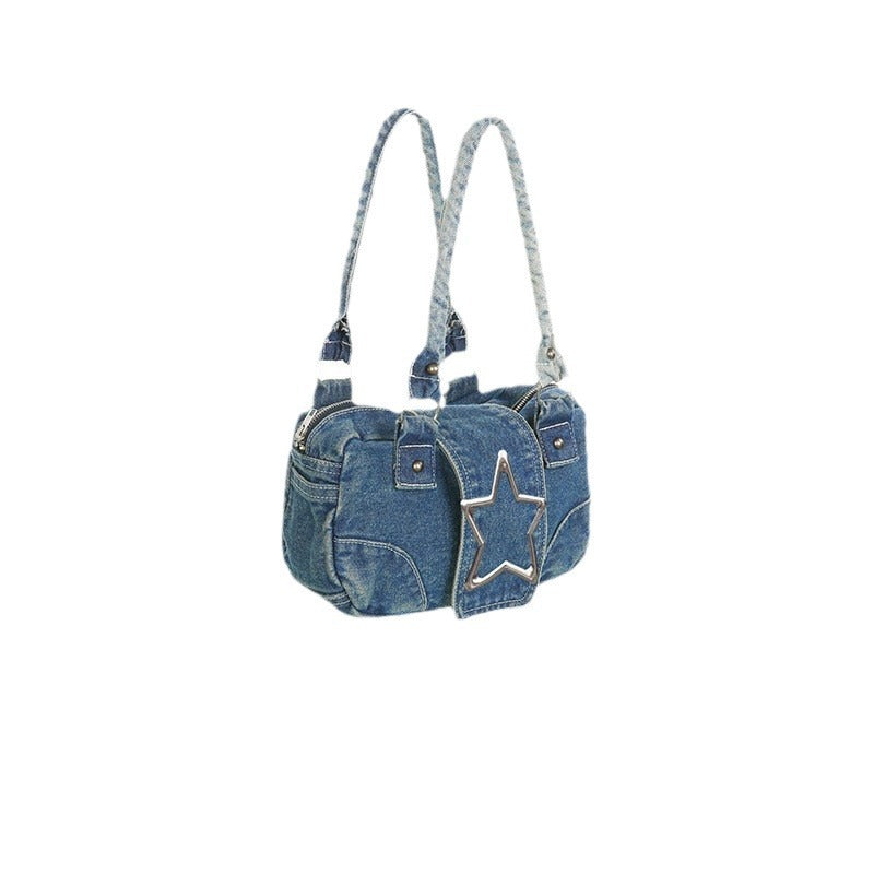 Fashion Retro Metal Five-pointed Star Decoration Denim Handbag For Women - Bellarte Enchanté Fashion Retro Metal Five-pointed Star Decoration Denim Handbag For Women